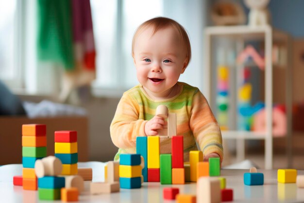 un enfant atteint du syndrome de Down joue avec des jouets éducatifs et sourit