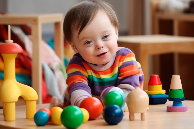 un enfant atteint du syndrome de Down joue avec des jouets éducatifs et sourit