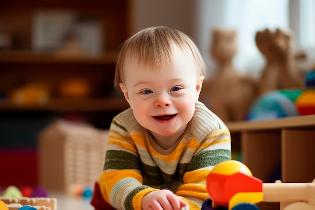 un enfant atteint du syndrome de Down joue avec des jouets éducatifs et sourit