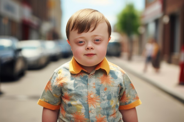un enfant atteint du syndrome de Down se promène dans les rues de la ville et sourit à la caméra