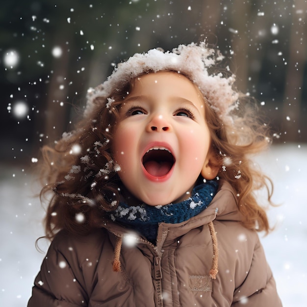 Photo un enfant attrapant des flocons de neige sur sa langue ses yeux grands ouverts avec émerveillement capturant le simple