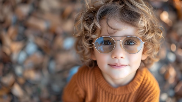 Enfant aux cheveux bouclés avec des lunettes souriant à l'extérieur