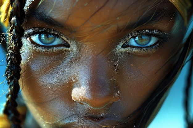 Photo enfant aux yeux bleus frappants dans un gros plan éclairé par le soleil