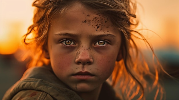 Un enfant aux yeux brillants se tient devant un coucher de soleil