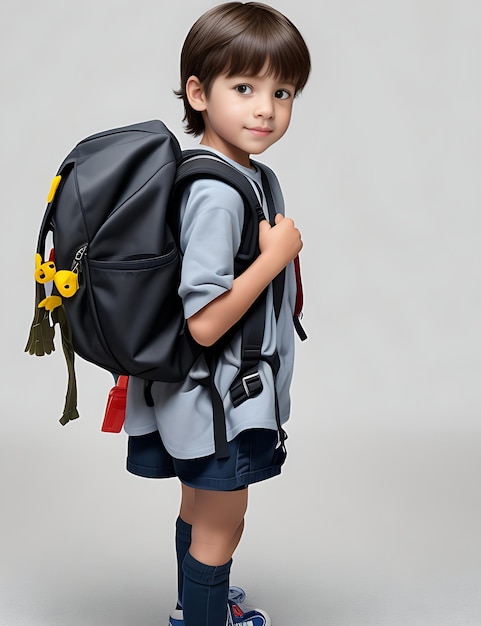 Enfant aventureux avec sac à dos embarquant pour un voyage sur fond blanc