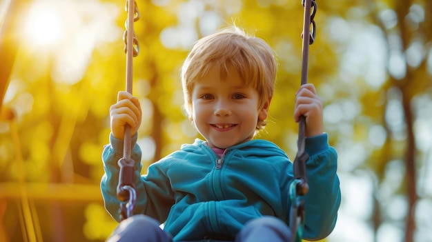 Enfant sur une balançoire jouant sur une aire de jeux extérieure Les enfants jouent dans la cour de l'école ou de la maternelle Enfant actif se balançant Activité d'été saine pour les enfants Petit garçon s'amusant à l'extérieur