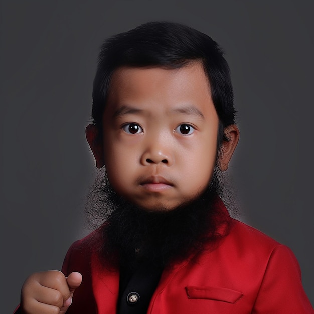 un enfant avec une barbe et une veste rouge