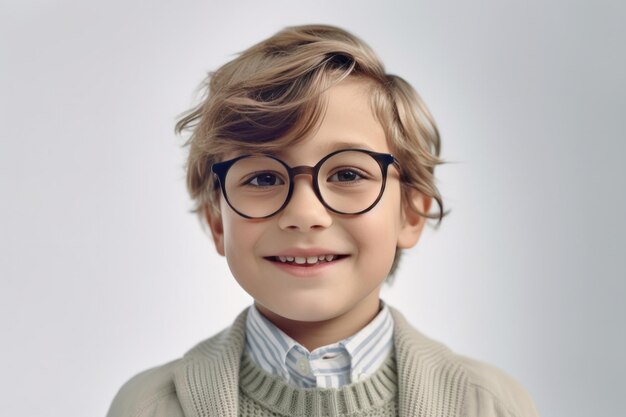 Enfant blanche d'âge préscolaire sur fond gris Étudiant d'école élémentaire en lunettes sourit sur Copy Space Enfant mignon et intelligent en lunettes AI générative