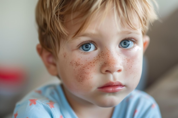 Photo un enfant blond sérieux et réfléchi en pyjama regardant la caméra. un petit garçon caucasien aux yeux bleus et aux taches de rousseur.