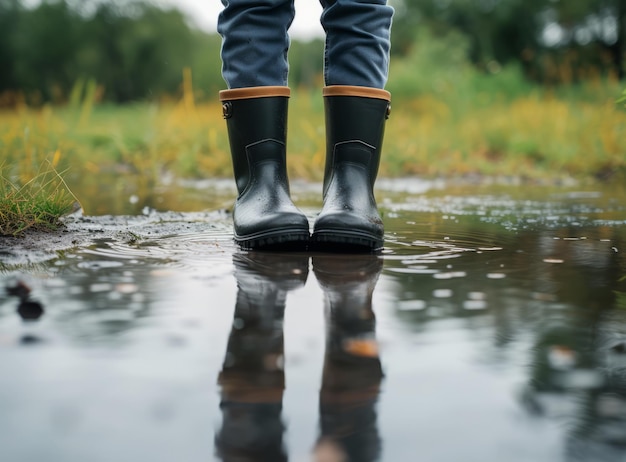 Un enfant en bottes en caoutchouc noir se tient dans une flaque de boue un jour de pluie dans un cadre naturel