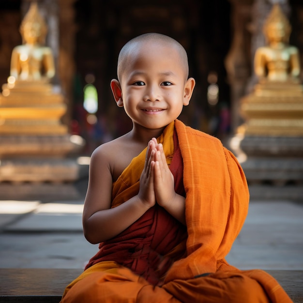 Un enfant bouddhiste vêtu d'orange prie le Bouddha.