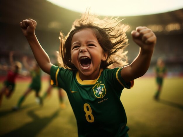 Un enfant brésilien célèbre la victoire de son équipe de football