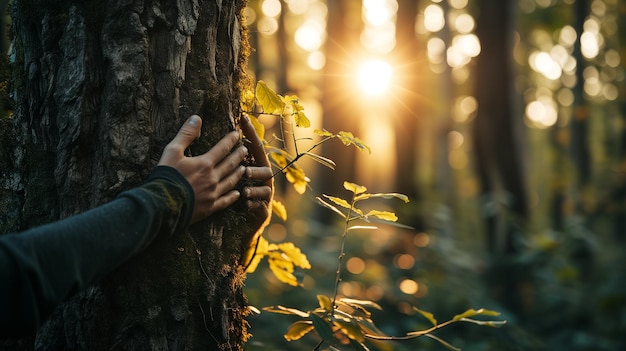 Photo enfant câlin le tronc avec forêt verte arrière-plan flou amour nature arbre câlin environnement concept ai généré