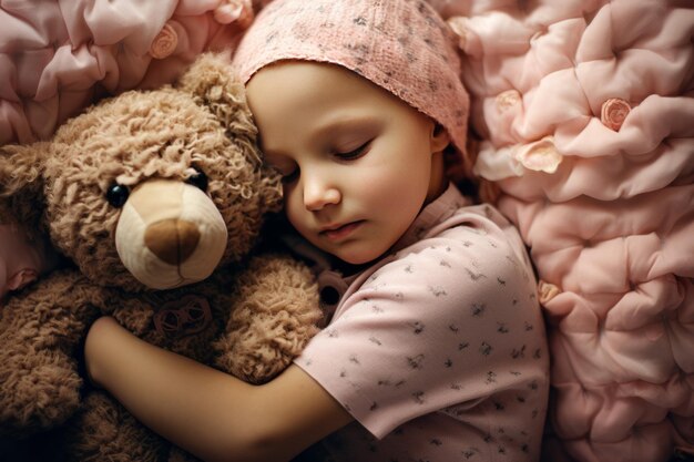 Un enfant avec un cancer dort en étreignant son ours en peluche Tons roses Concept d'espoir