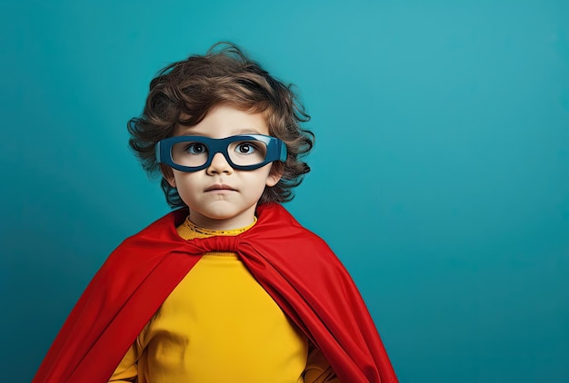 enfant en cape et lunettes avec un fond jaune