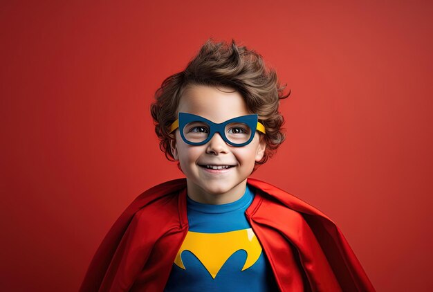 enfant en cape et lunettes avec un fond jaune