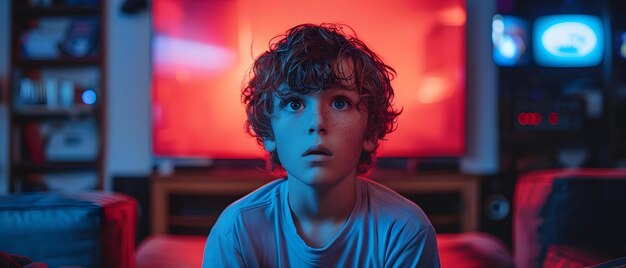 Enfant captivé dans un monde surdimensionné par les écrans Concept Surcharge des médias Temps d'écran de l'enfance moderne Influence technologique