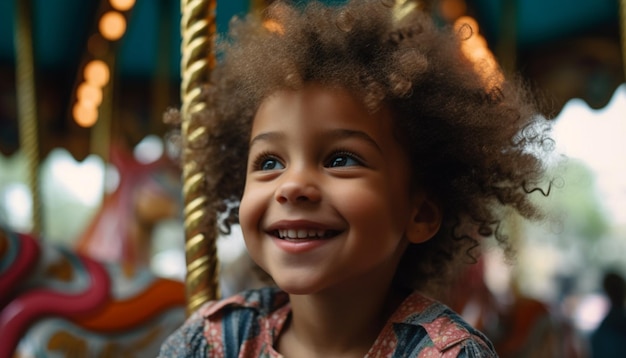 Un enfant sur un carrousel souriant à la caméra