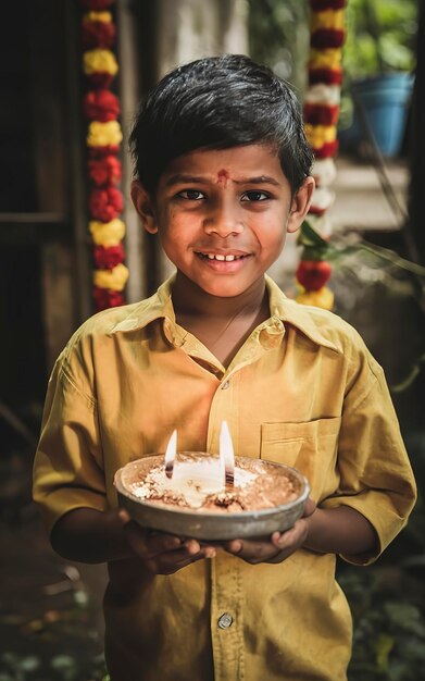 Un enfant célèbre le Nouvel An tamoul.