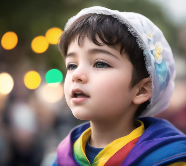 Un enfant avec un chapeau arc-en-ciel et une fleur dessus