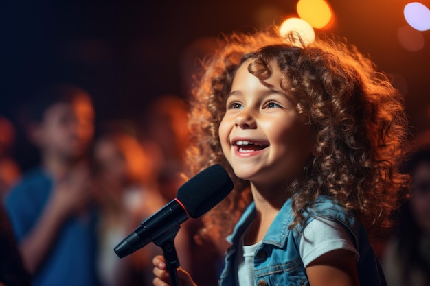 une enfant charmante chantant émotionnellement à un concert devant un microphone