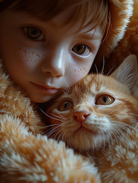 Photo un enfant avec un chat et un chat sur la poitrine