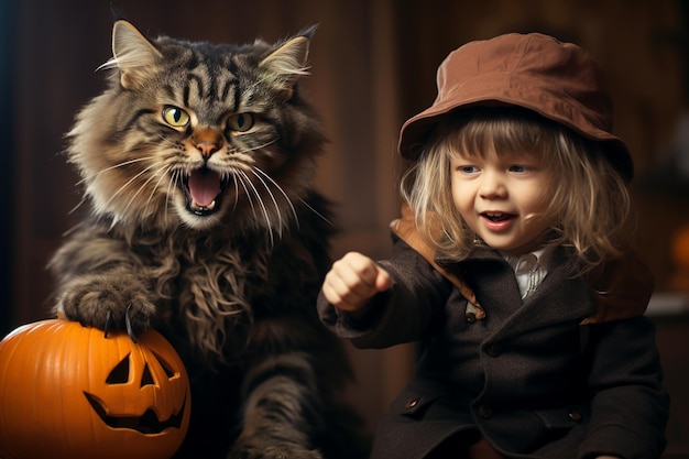 Enfant de chat effrayant et citrouille sur Halloween petite fille avec son animal de compagnie AI générative