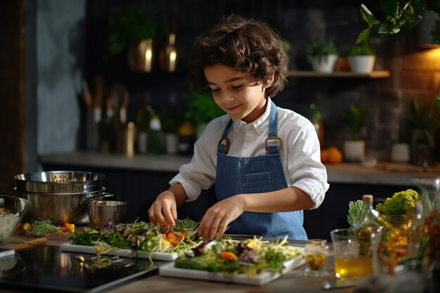 Un enfant chef qualifié dans une cuisine préparant soigneusement un plat gastronomique ai génératif