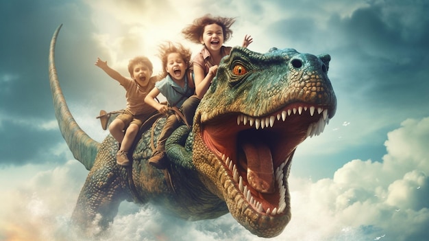 Un enfant chevauchant des dinosaures dans le ciel a généré une IA
