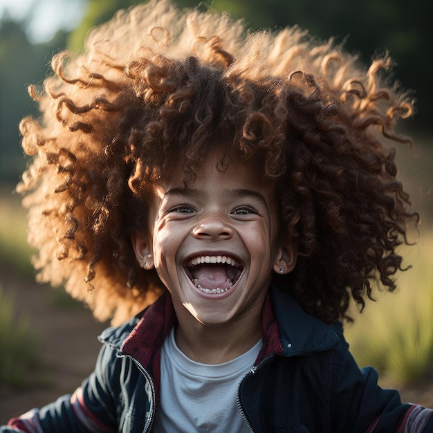 un enfant avec des cheveux bouclés sauvages et un grand sourire