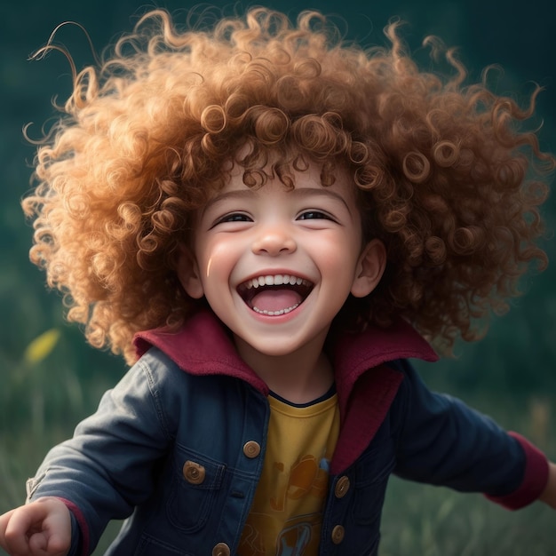 un enfant avec des cheveux bouclés sauvages et un grand sourire