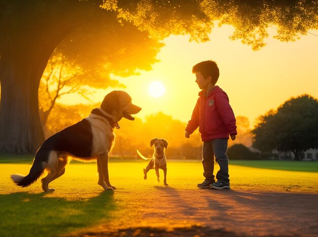 un enfant et un chien jouant dans le parc avec le soleil en arrière-plan