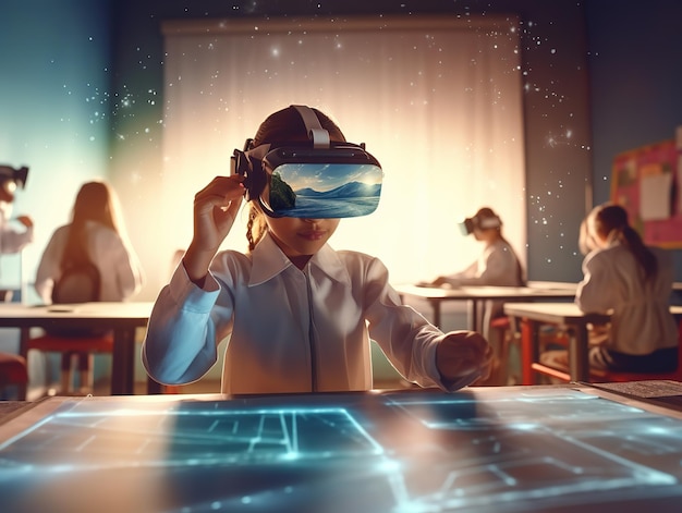 enfant en classe virtuelle futur système éducatif ai généré