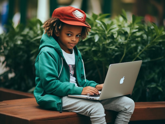 Enfant colombien travaillant sur un ordinateur portable dans un cadre urbain animé