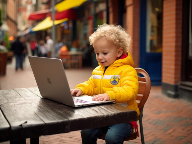 Enfant colombien travaillant sur un ordinateur portable dans un cadre urbain animé