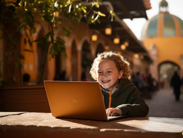 Enfant colombien travaillant sur un ordinateur portable dans un cadre urbain animé