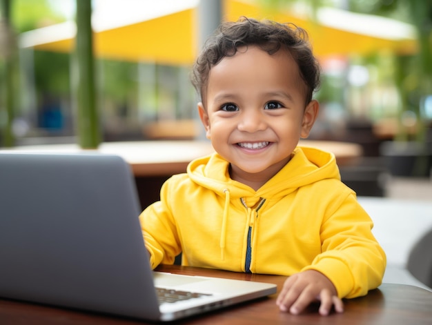 Enfant colombien travaillant sur un ordinateur portable dans un cadre urbain animé