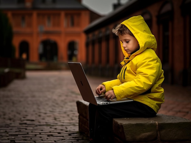 Enfant colombien travaillant sur un ordinateur portable dans un cadre urbain animé