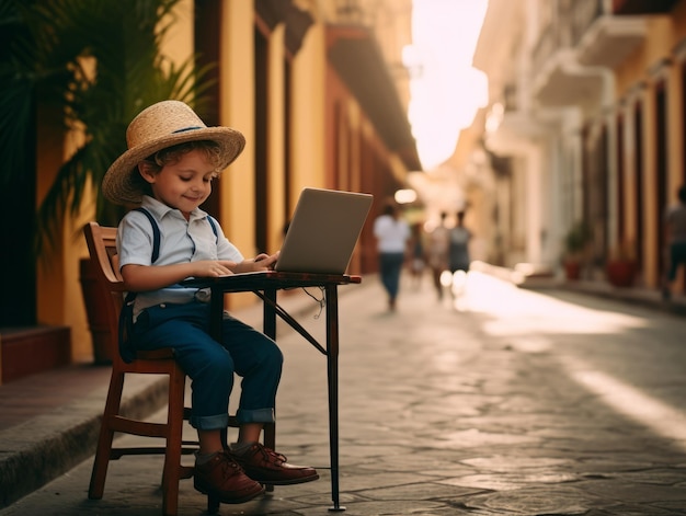 Enfant colombien travaillant sur un ordinateur portable dans un cadre urbain animé