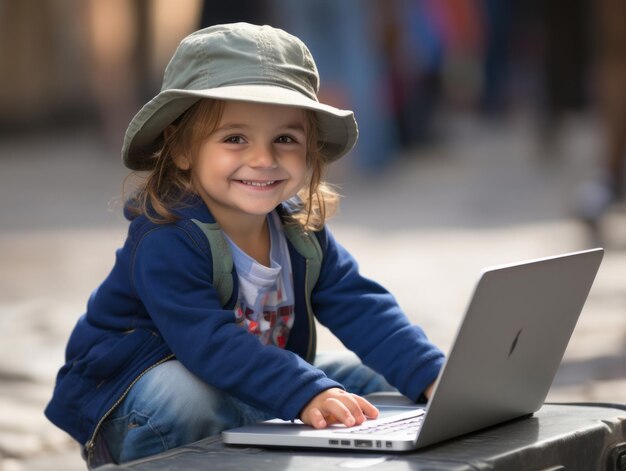 Enfant colombien travaillant sur un ordinateur portable dans un cadre urbain animé