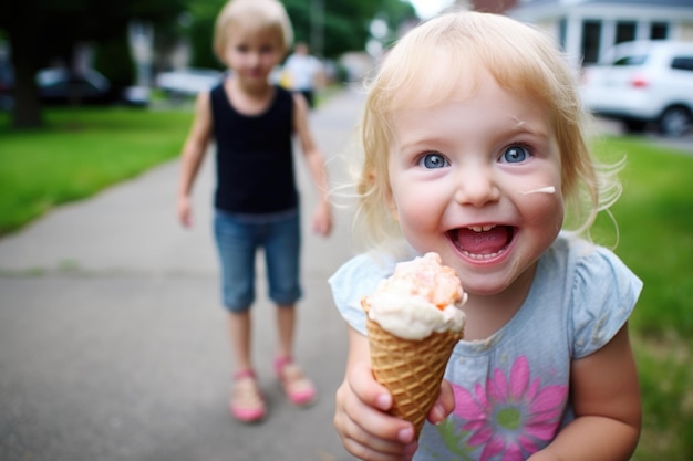 Enfant avec un cône de crème glacée à l'œil large à un autre plus grand