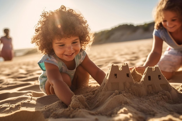 Un enfant construisant un château de sable sur une plage