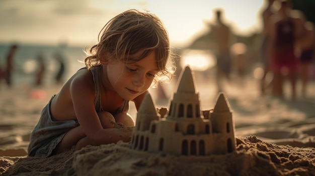 Un enfant construisant un château de sable sur une plage