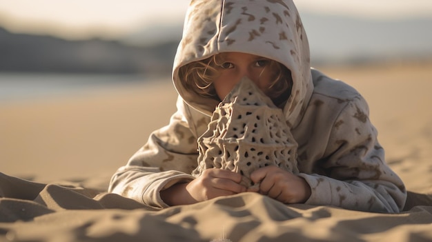 Un enfant construit un château de sable sur la plage