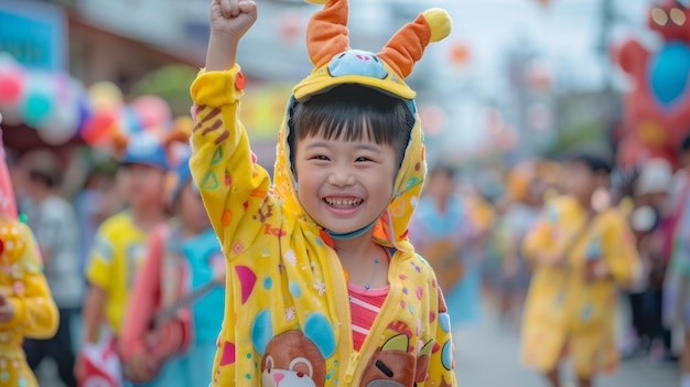 Enfant en costume d'animal de dessin animé célébrant le défilé de la fête des enfants