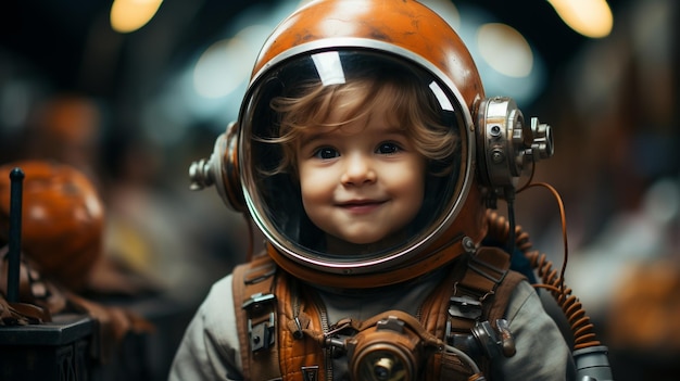 Un enfant en costume d'astronaute avec une combinaison spatiale.