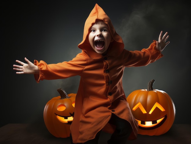 Un enfant en costume d'Halloween avec une pose ludique