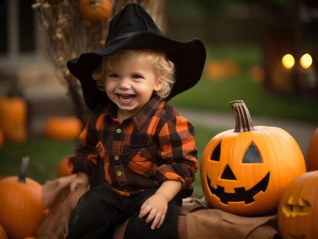 Un enfant en costume d'Halloween avec une pose ludique