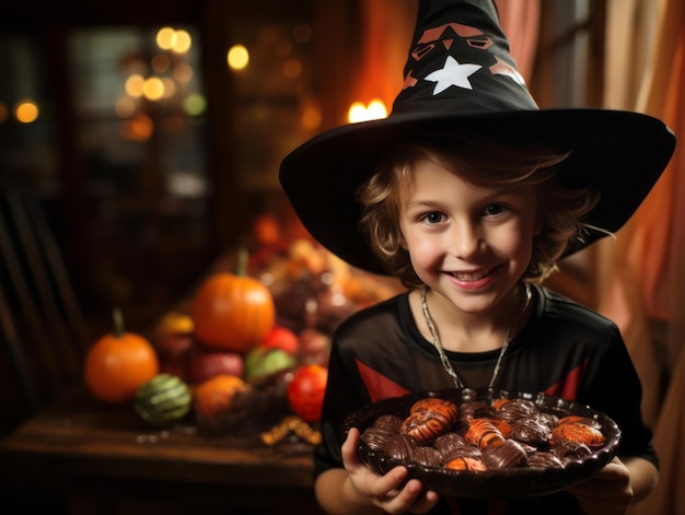 Enfant en costume d'Halloween tenant un bol de bonbons avec un sourire espiègle