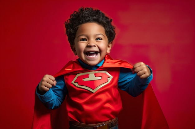 Photo un enfant en costume de super-héros rouge montre des émotions joyeuses et passionnantes